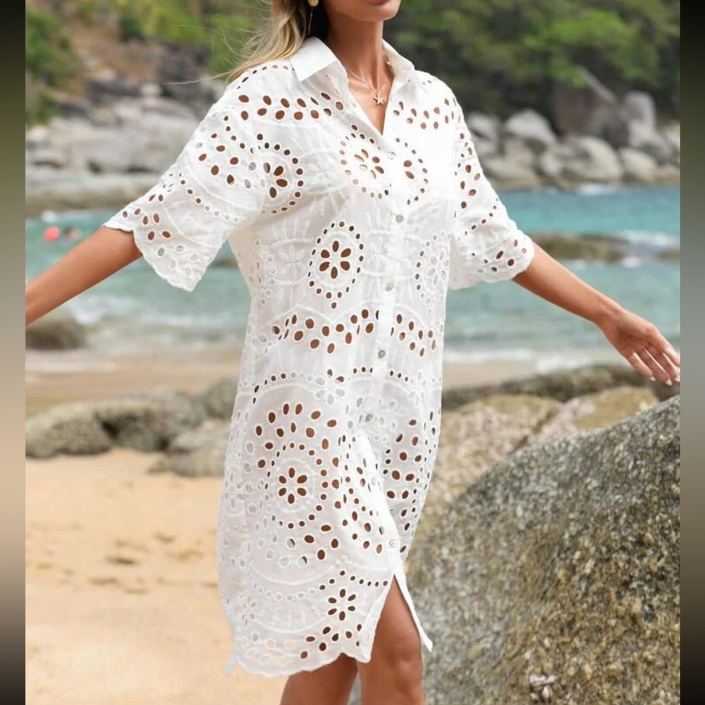 White Sheer Eyelet Embroidery Lace Button Down Shirt Dress - Picture 3 of 6